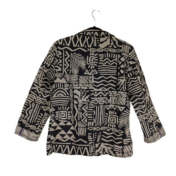 I Love H81 Blazer Large 100% Linen Womens Black & White Tribal Print Jacket - Picture 7 of 10